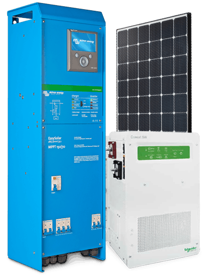 Diagram of an off grid solar system: panels, charge controller, battery bank, inverter and household loads