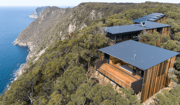 Three Capes Lodges perched above the sea cliffs on the Tasman Peninsula