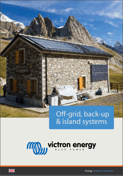 Cover of the Victron off-grid, back-up and island systems brochure