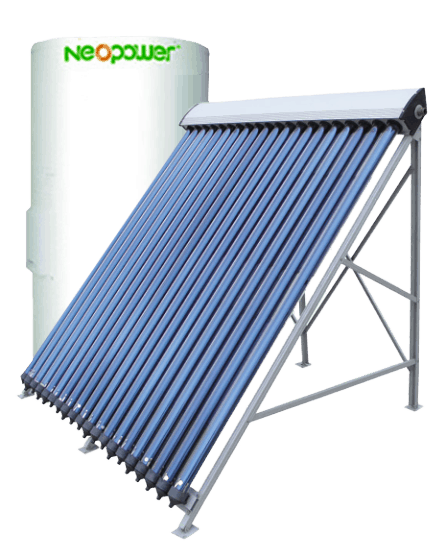 Neopower evacuated tube solar hot water system with roof mounted collector and storage tank