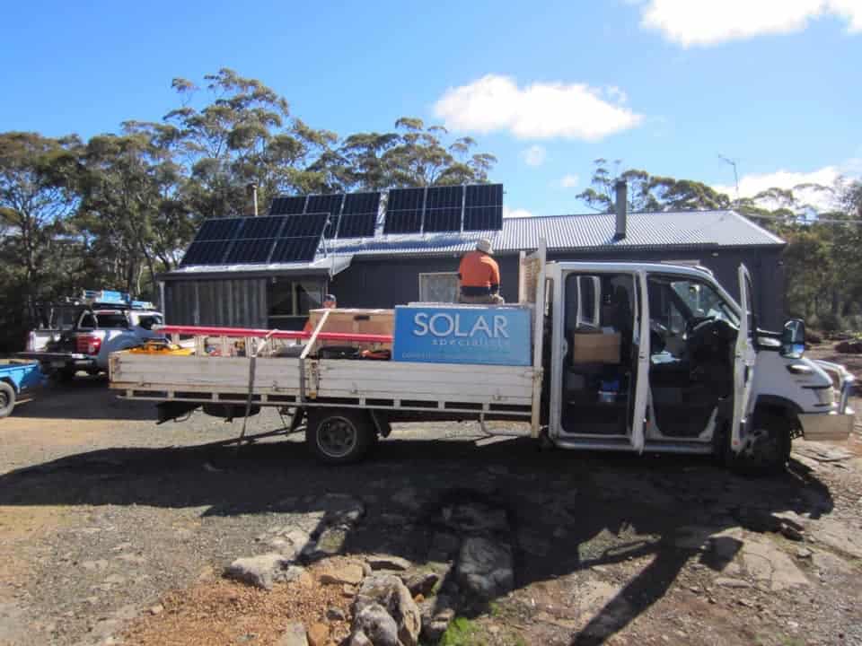 Off grid solar array beside a shack in the Tasmanian Great Lakes