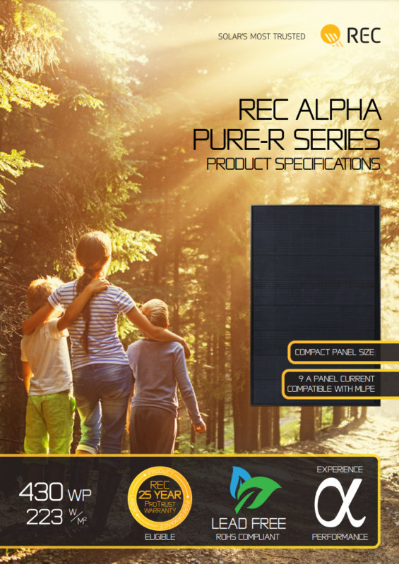 Cover of the REC Alpha Pure-R Series product specification sheet