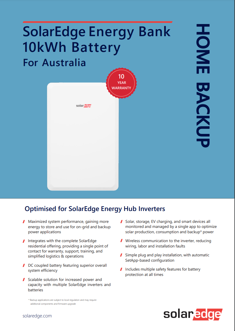 Cover of the SolarEdge Energy Bank 10kWh battery brochure