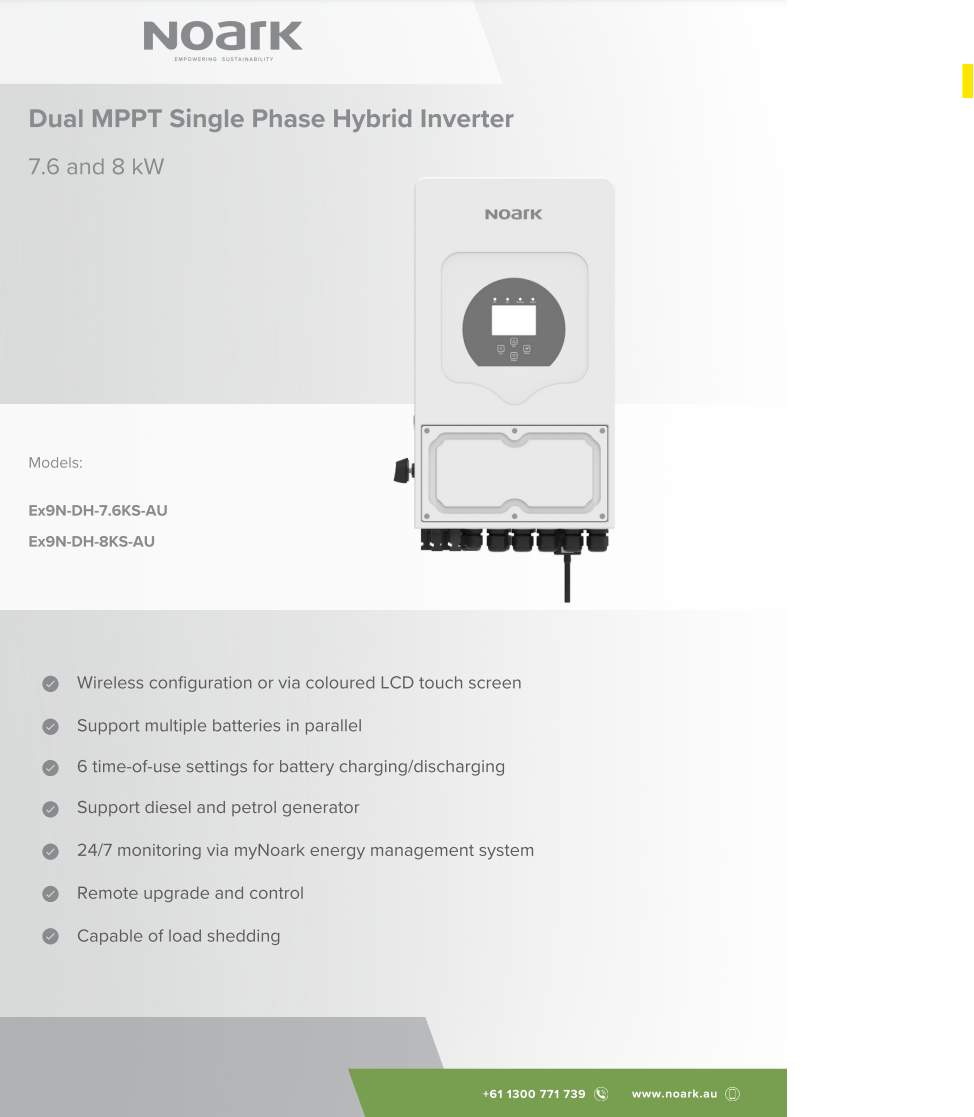 Cover of the Noark dual MPPT single phase hybrid inverter specification sheet