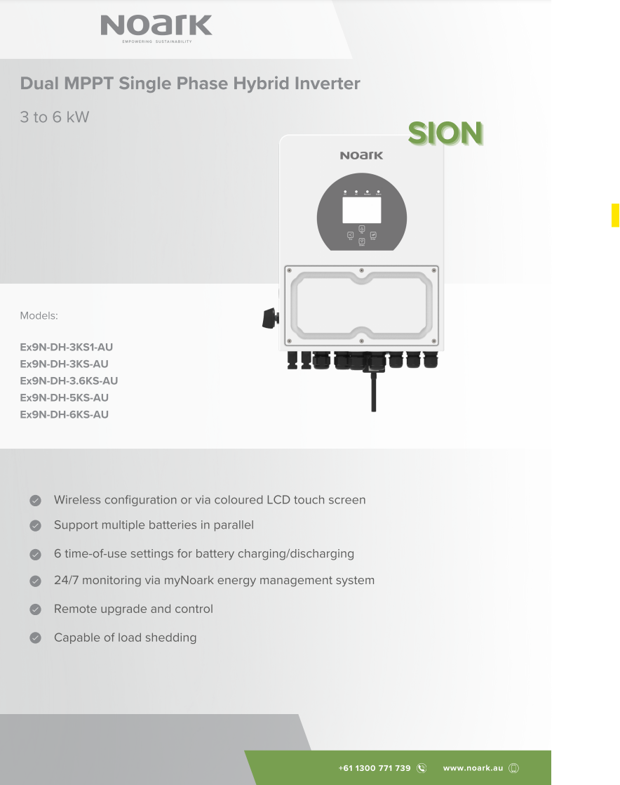Cover of the Noark dual MPPT single phase hybrid inverter Sion specification sheet