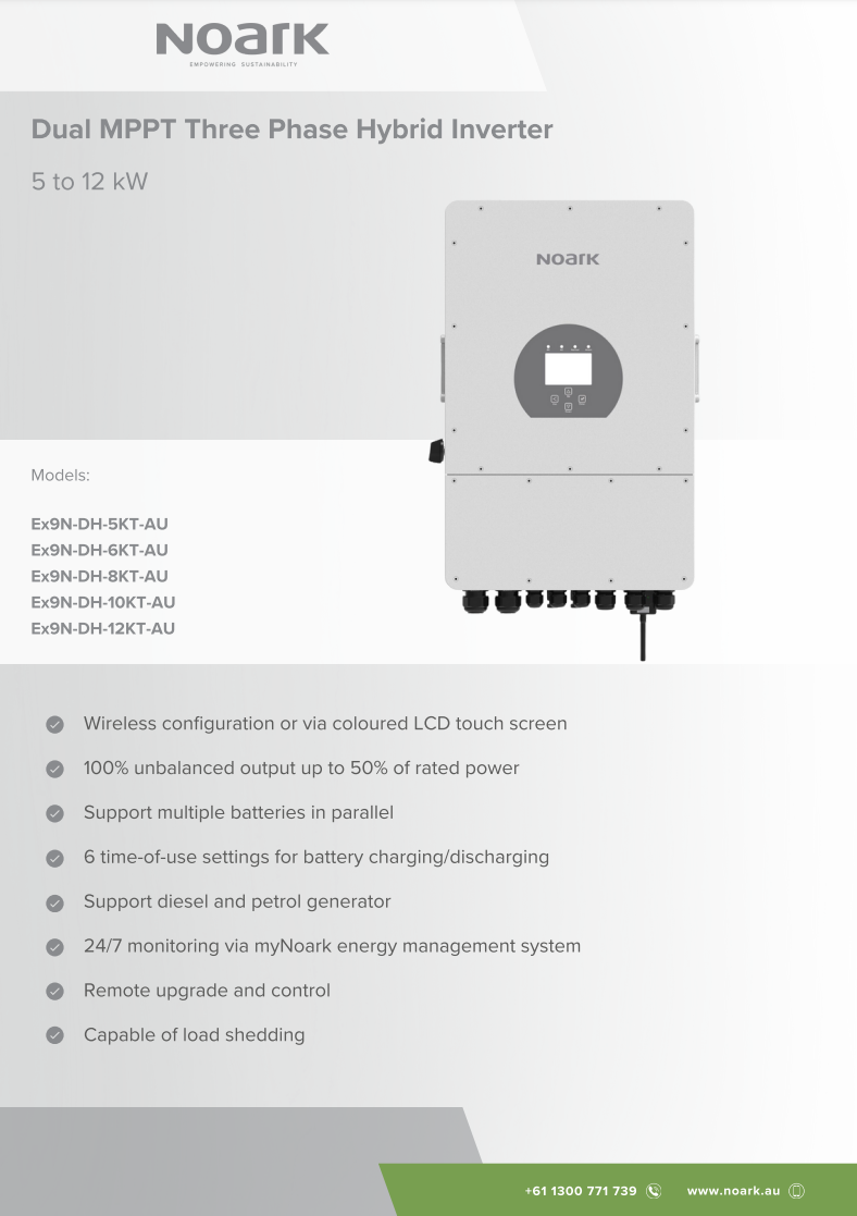Cover of the Noark dual MPPT three phase hybrid inverter specification sheet