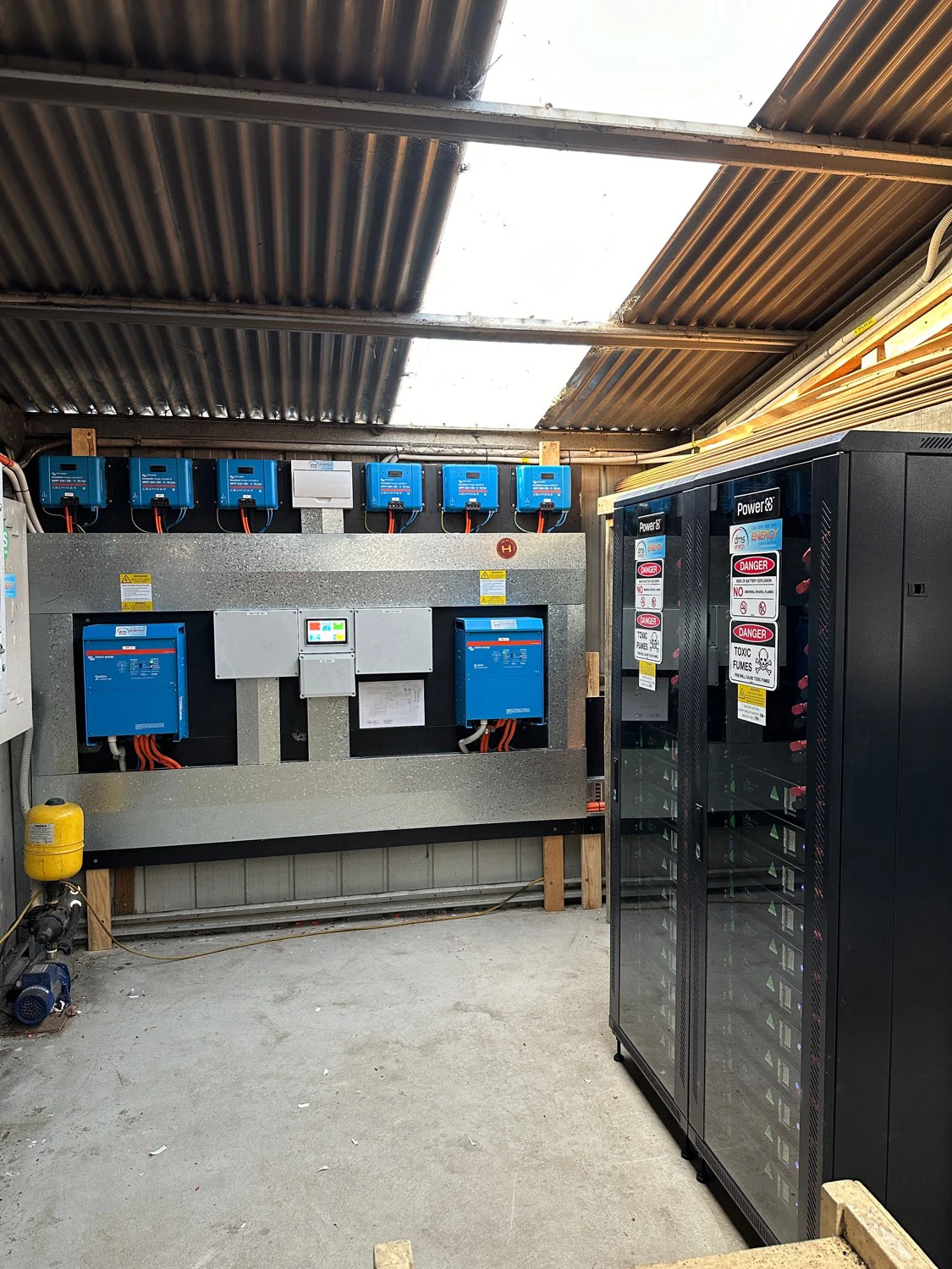 An off-grid Victron and PowerPlus battery installation inside a plant room