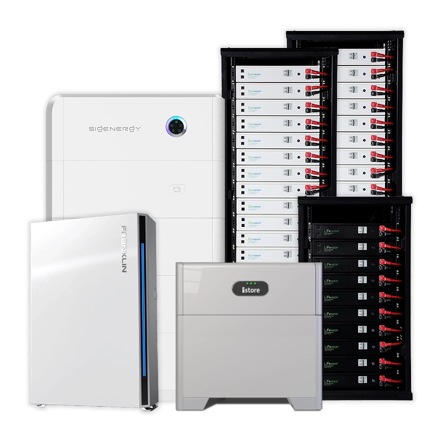 A home solar battery bundle, showing the battery cabinet, inverter and rack modules