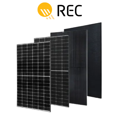 REC logo above a stack of REC solar panels